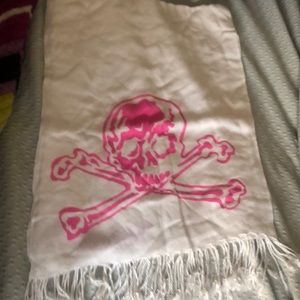 Long Winter White Scarf with Pink Skull and Crossbones